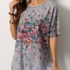 Vetements Azzlee Blouses Et Chemises | Gris Imprime Floral Decontractee Col Rond Demi-Manches Chemise Grise