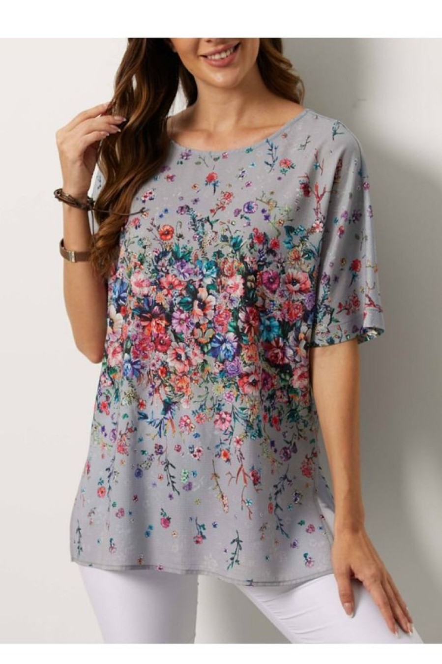 Vetements Azzlee Blouses Et Chemises | Gris Imprime Floral Decontractee Col Rond Demi-Manches Chemise Grise