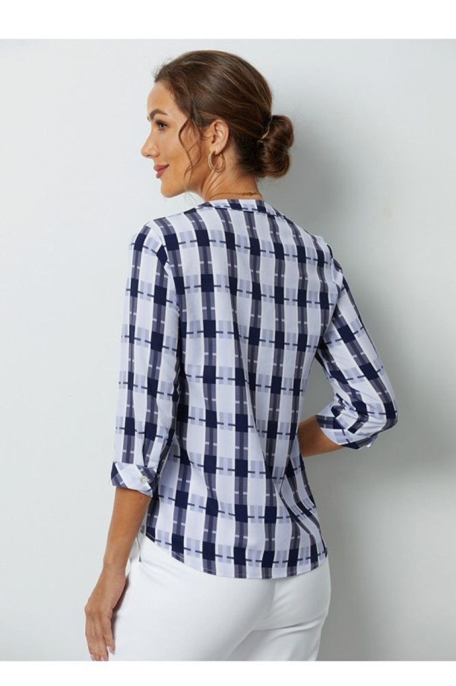 Vetements Azzlee Blouses Et Chemises | Plaid Boutons Col En V Manches 3/4 Chemisier Marine