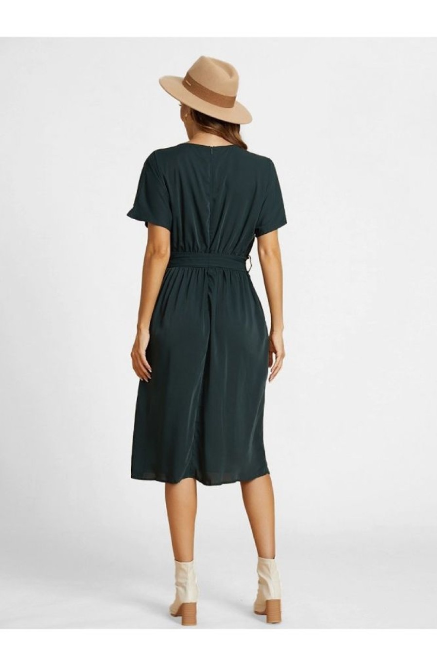 Vetements Azzlee | Solide Ceintures Col Rond Manches Courtes Robe Mi-Longue Vert