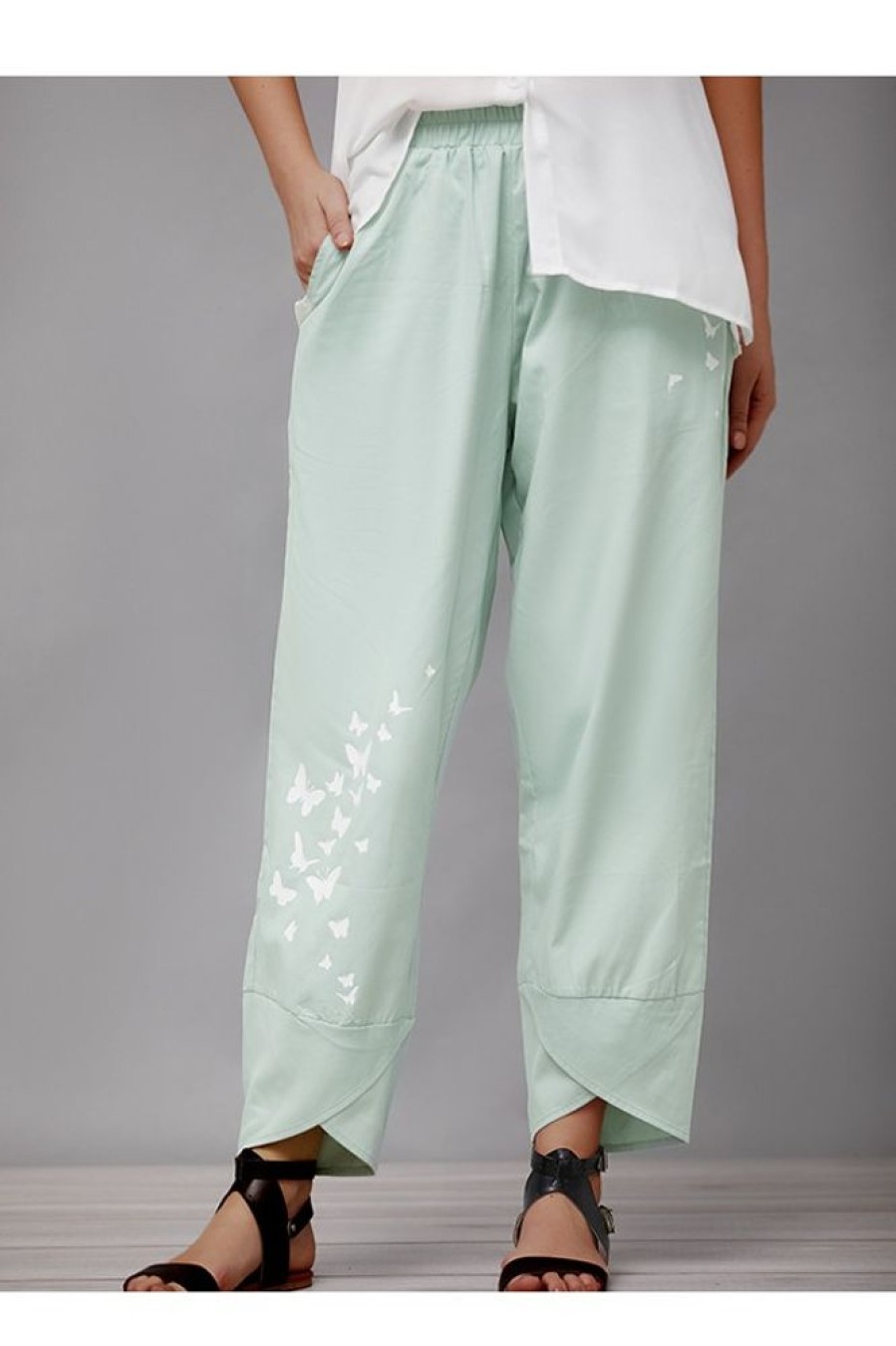 Vetements Azzlee Pantalon | Imprime Papillon Avec Poches Decontractee Pantalon Vert