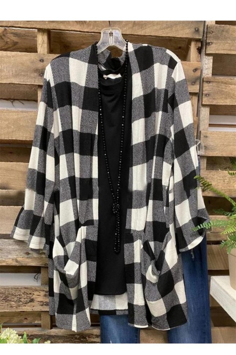 Vetements Azzlee Pulls Et Cardigans | Decontractee Col A Revers Plaid Manches Longues Cardigan Noir