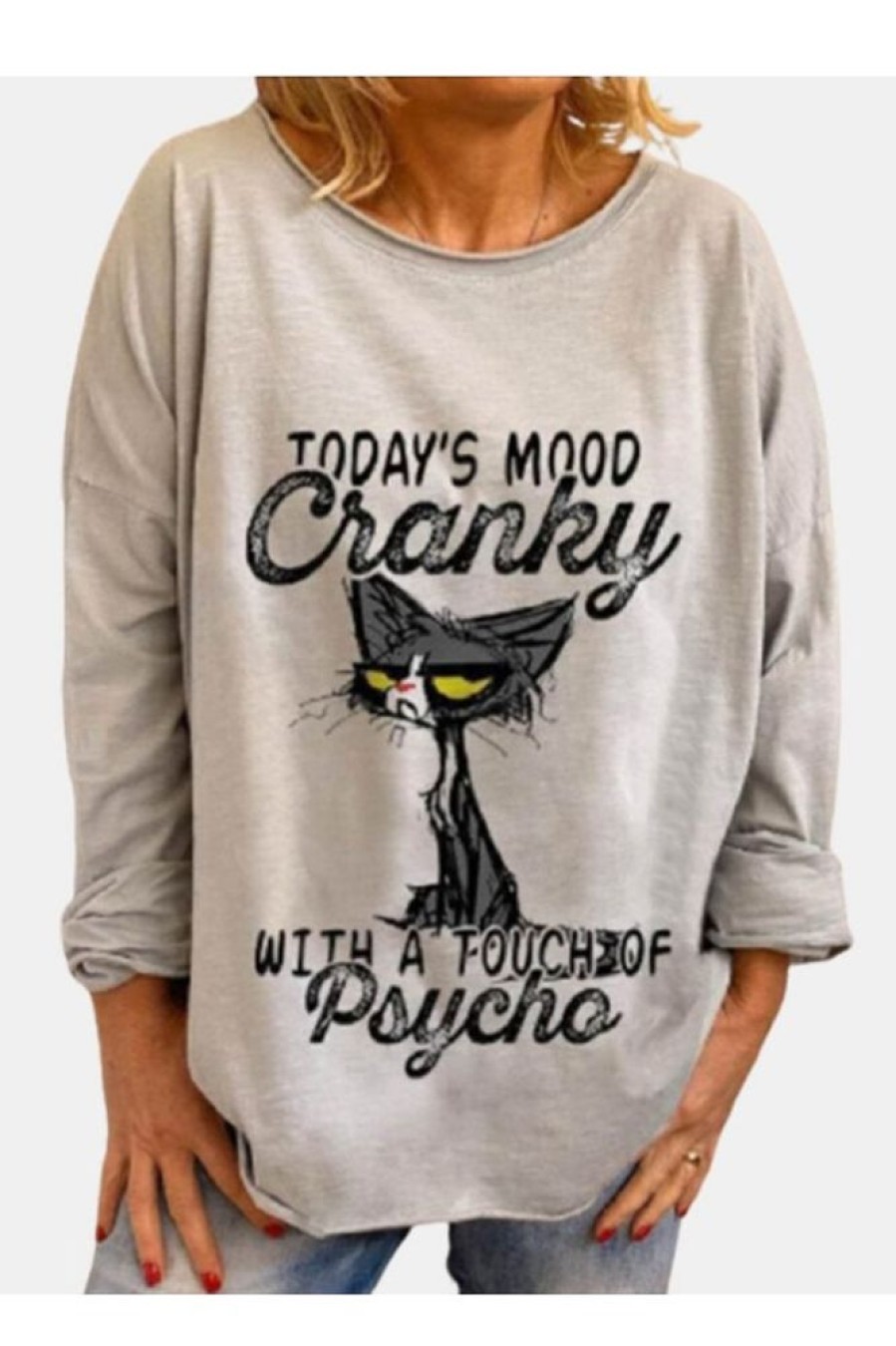 Vetements Azzlee | Gris Impression De Chat Col Rond Manches Longues Chemisier Grise