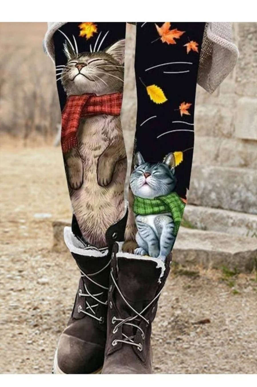 Vetements Azzlee Leggings | Leggings Vintage Elastiques Avec Imprime De Chat Mignon Noir