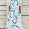 Vetements Azzlee Robes Mi-Longues | Col Rond Floral Manches Courtes Tisse Robe Midi Bleu Clair