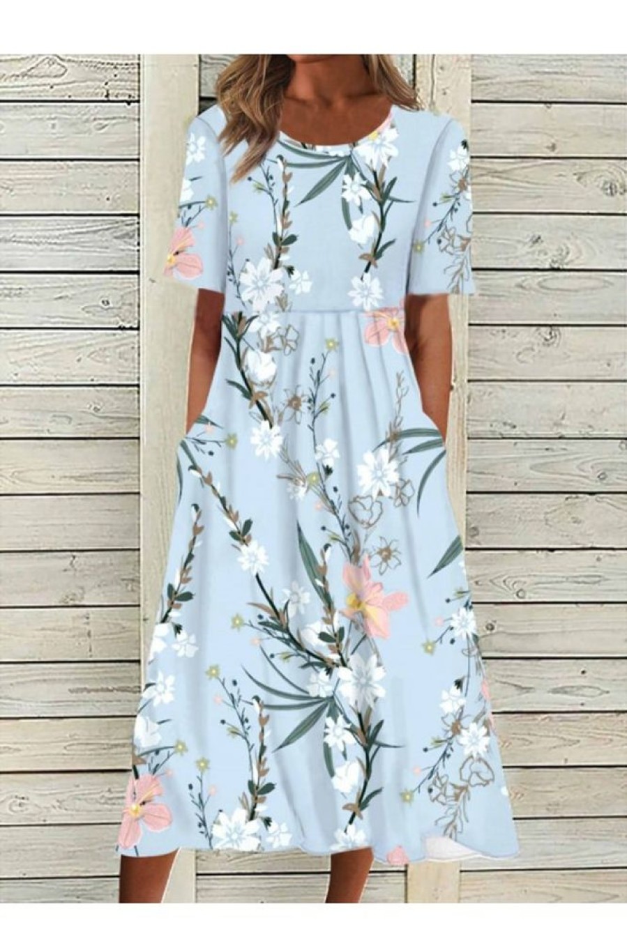 Vetements Azzlee Robes Mi-Longues | Col Rond Floral Manches Courtes Tisse Robe Midi Bleu Clair