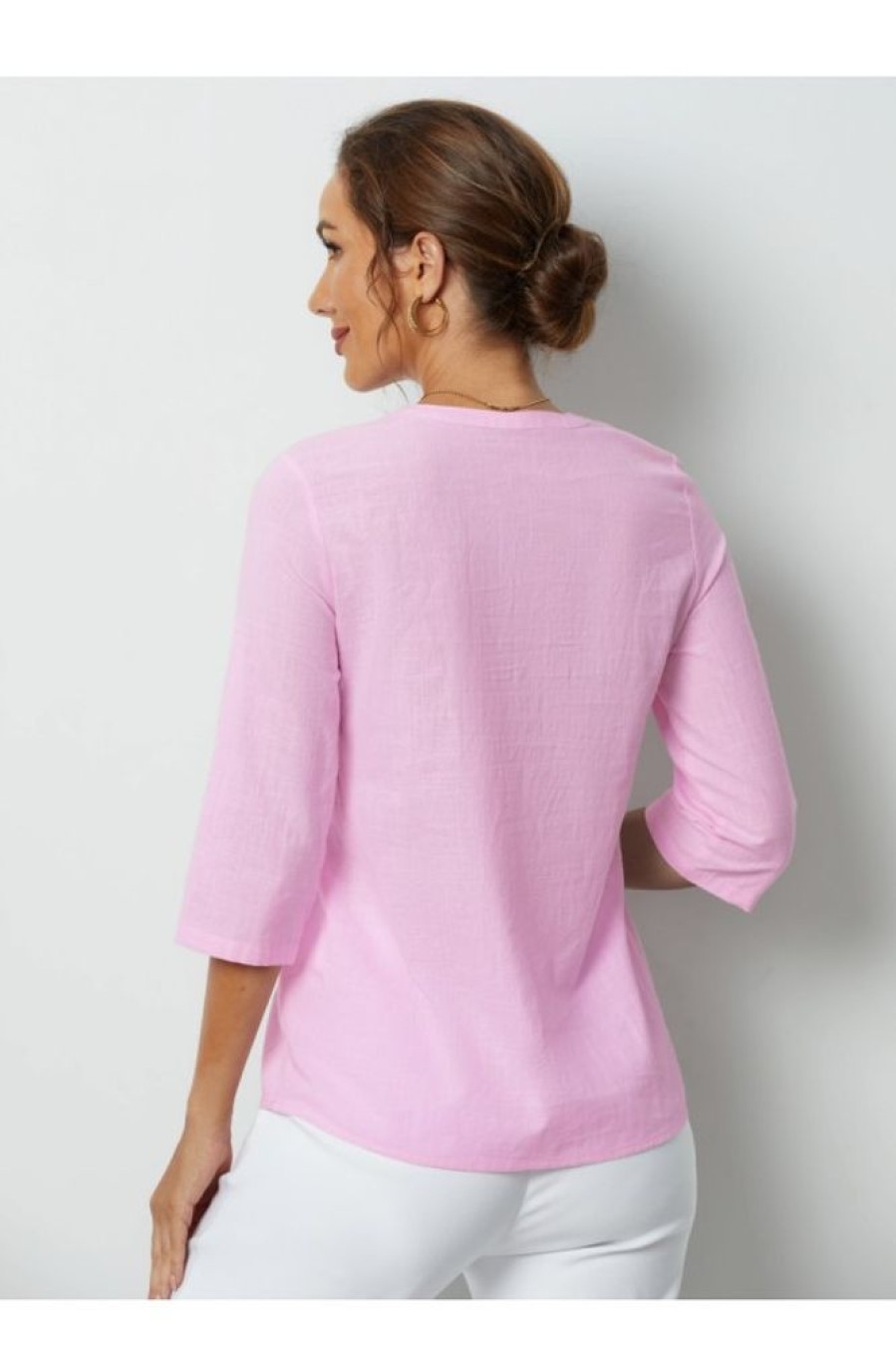 Vetements Azzlee Blouses Et Chemises | Solide Decontractee Manches 3/4 Boutons Chemisier Rose