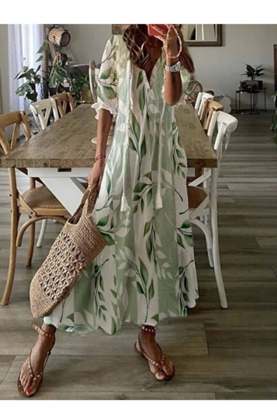 Vetements Azzlee Robes Maxi | Col En V Demi-Manches Floral Occasionnel Robe Maxi Vert