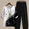 Vetements Azzlee | Noir Blanc Occasionnel Col Rond Imprime Quotidien Costume Deux Pieces Black White