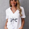 Vetements Azzlee T-Shirts | Femme Coton Imprime Libellule Decontractee Col En V Manches Courtes Hauts Blanc