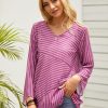 Vetements Azzlee Blouses Et Chemises | Rayure Epissage Decontractee Col En V Manches Longues Chemises Et Hauts Fuchsia