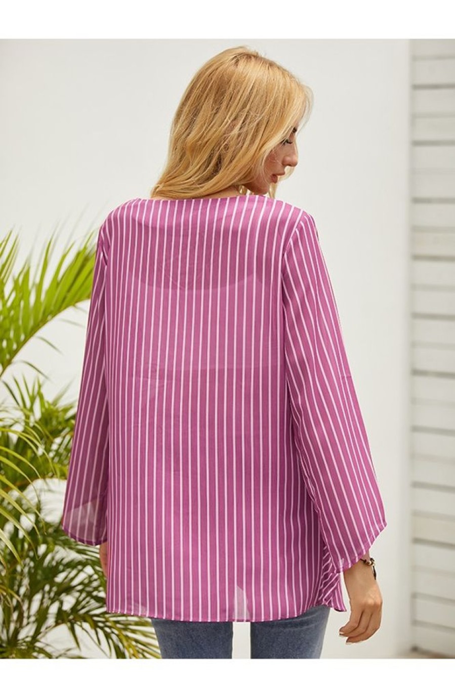 Vetements Azzlee Blouses Et Chemises | Rayure Epissage Decontractee Col En V Manches Longues Chemises Et Hauts Fuchsia