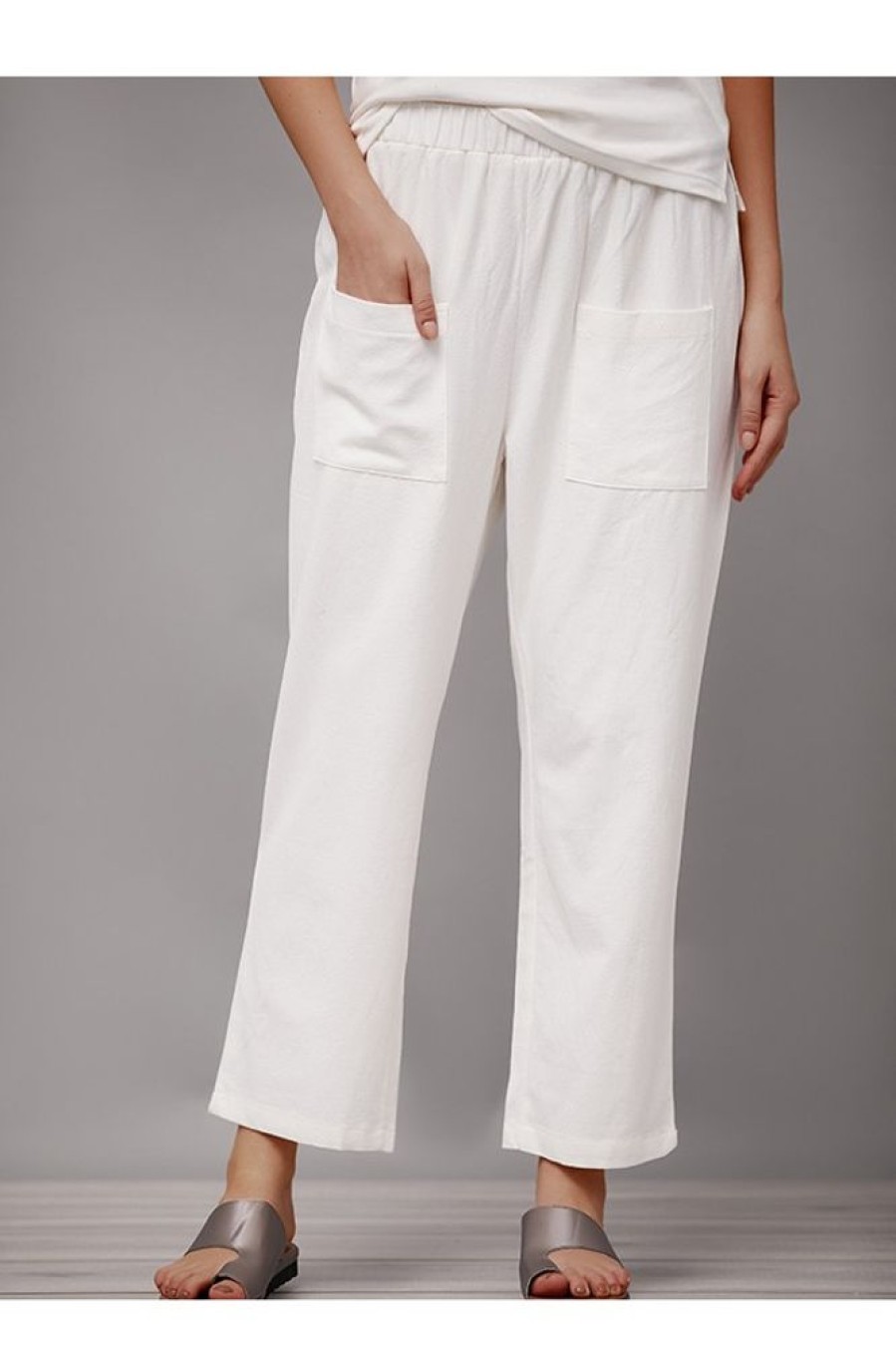 Vetements Azzlee | Coton Couleur Unie Avec Poches Decontractee Pantalon Blanc