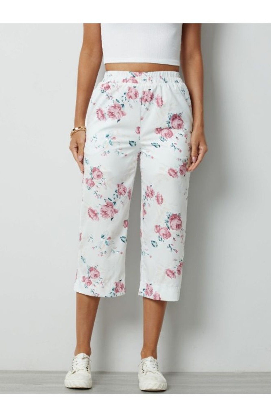 Vetements Azzlee | Floral Decontractee Pantalon Avec Poches Blanc