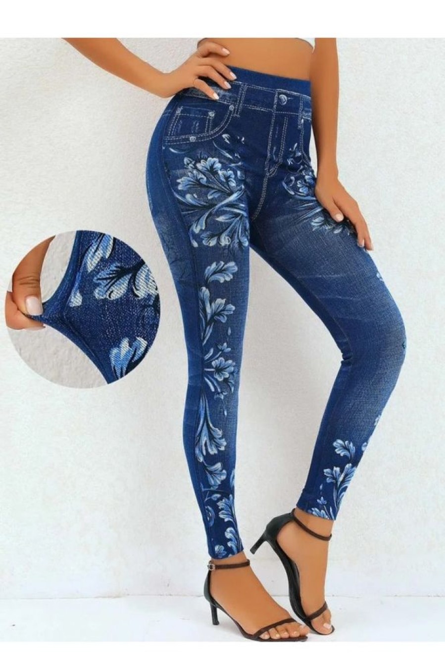 Vetements Azzlee | Bleu Denim Occasionnel Imprime Floral Pantalon Denim Bleu