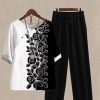 Vetements Azzlee | Decontractee Col Rond Imprime Floral Demi Manche Ensembles De Deux Pieces Noir