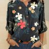 Vetements Azzlee Blouses Et Chemises | Occasionnel Col En V Imprime Floral Manches Longues Chemisier Noir