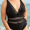 Vetements Azzlee Grande Taille | Maillot De Bain Une Piece Chic A Encolure En V Plongeante Et Empiecement En Maille Grande Taille Noir