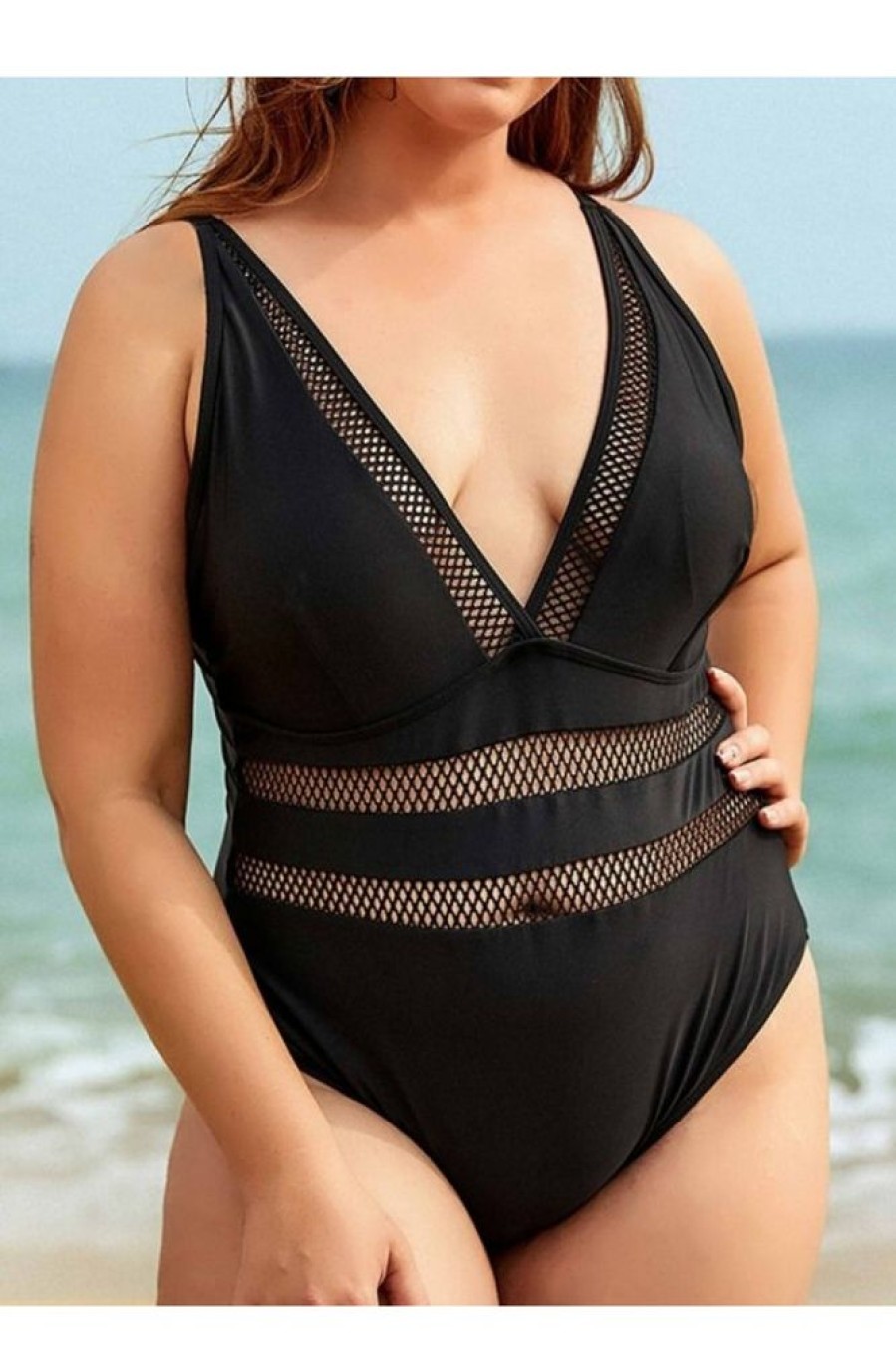 Vetements Azzlee Grande Taille | Maillot De Bain Une Piece Chic A Encolure En V Plongeante Et Empiecement En Maille Grande Taille Noir