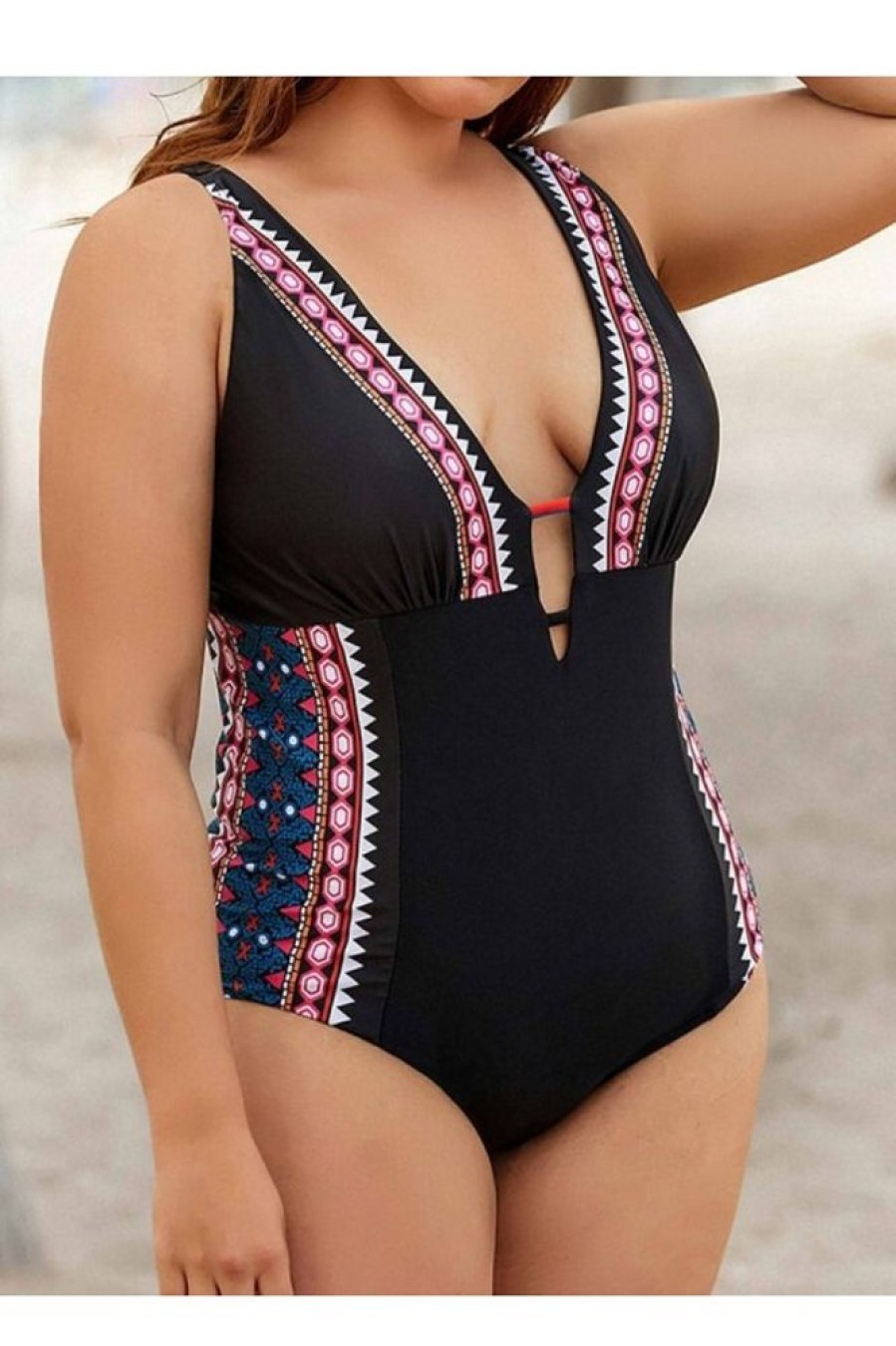 Vetements Azzlee Grande Taille | Maillot De Bain Une Piece Chic A Col En V Profond Et Bretelles Reglables Comme Image