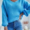 Vetements Azzlee Pulls Et Cardigans | Decontractee Col En V Solide Manches Longues Chandail Bleu