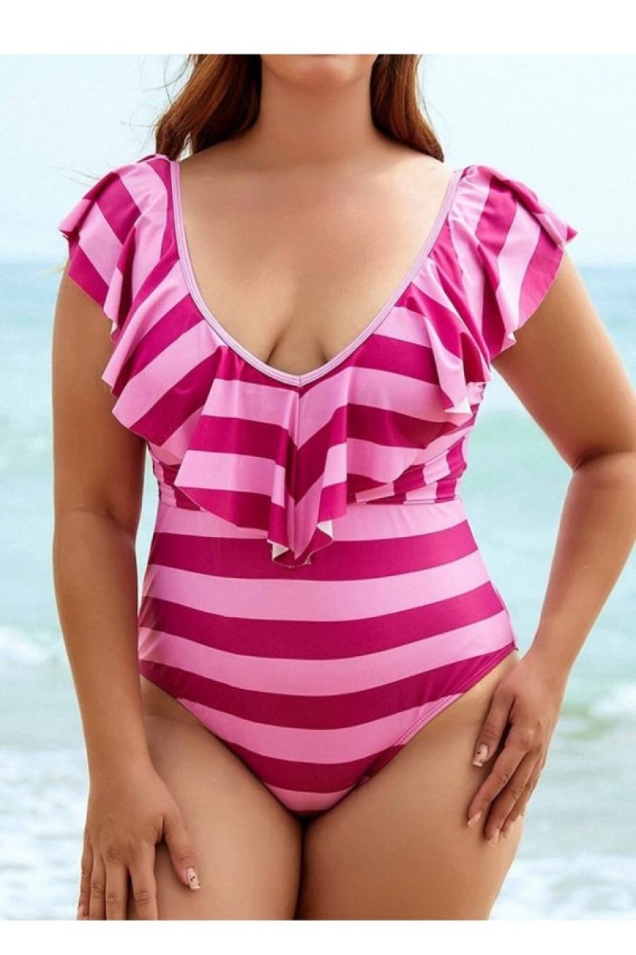 Vetements Azzlee Grande Taille | Maillot De Bain 1 Piece Raye A Volants A Col V Noue Au Dos De Grande Taille Fuchsia