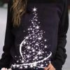 Vetements Azzlee Sweats Et Sweats A Capuche | Decontractee Graphique Hauts Col Rond Sapin De Noel Imprime Manches Longues Noel Sweats Noir