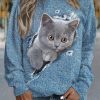 Vetements Azzlee Sweats Et Sweats A Capuche | Sweatshirt Decontracte A Col Rond Et Manches Longues Motif De Chat Bleu