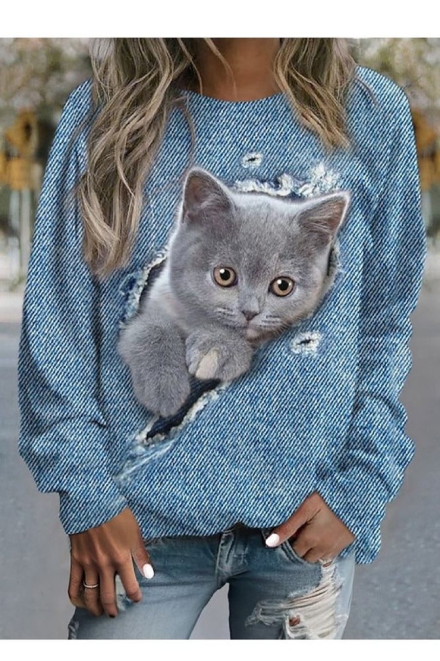 Vetements Azzlee Sweats Et Sweats A Capuche | Sweatshirt Decontracte A Col Rond Et Manches Longues Motif De Chat Bleu