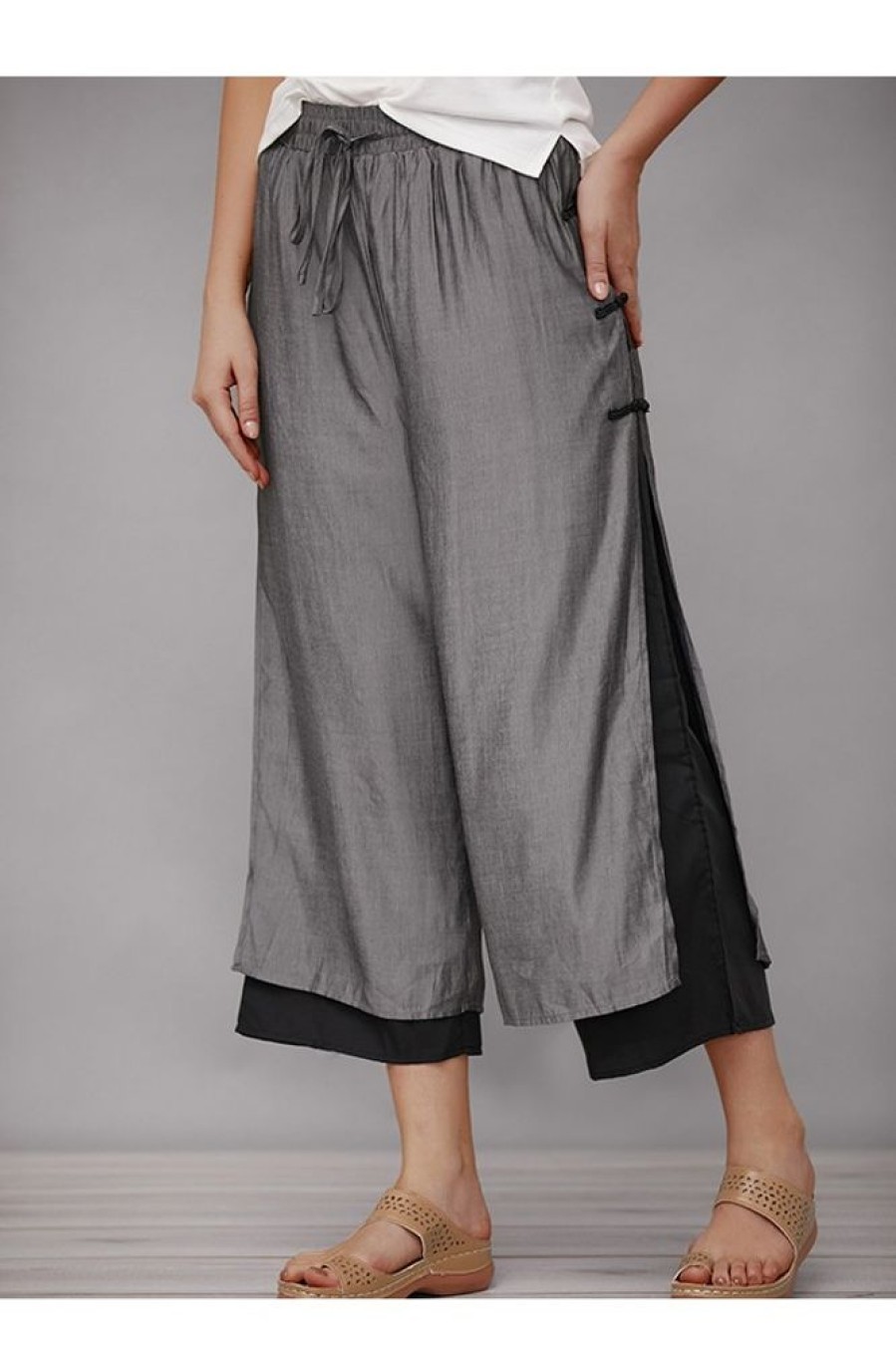 Vetements Azzlee Pantalon | Plaine Ceintures Boutons Decontractee Elegant Grande Taille Pantalon