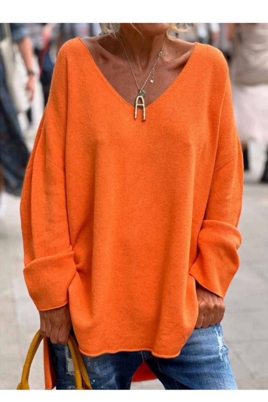 Vetements Azzlee Pulls Et Cardigans | Pull Decontracte A Col En V Et Manches Longues Orange