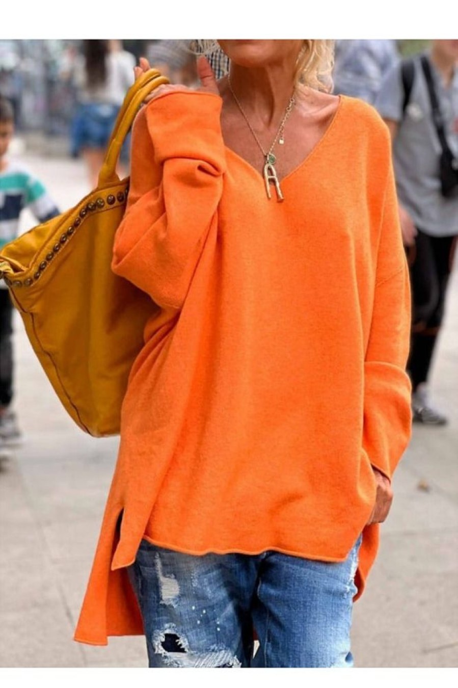 Vetements Azzlee Pulls Et Cardigans | Pull Decontracte A Col En V Et Manches Longues Orange