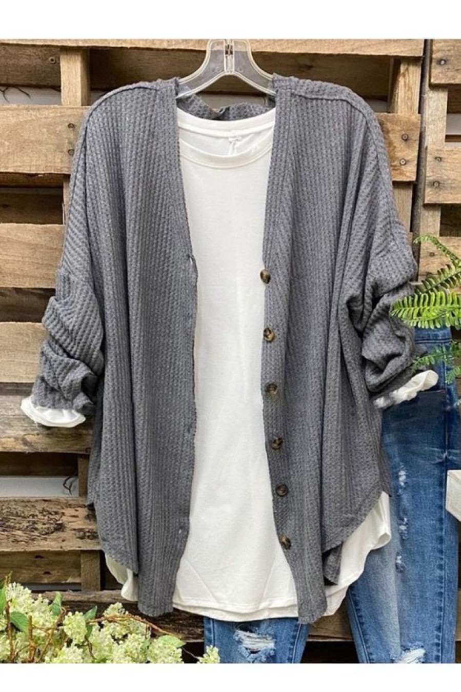 Vetements Azzlee Pulls Et Cardigans | Cardigan Long En Coton Melange Gris A Manches Longues Grise