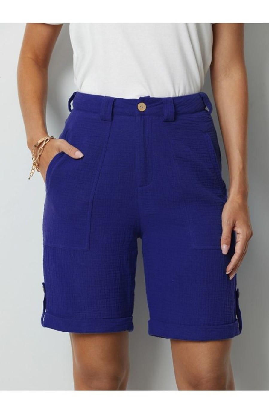 Vetements Azzlee | Marine Bleu Solide Poches Boutons Shorts Bleu Marine