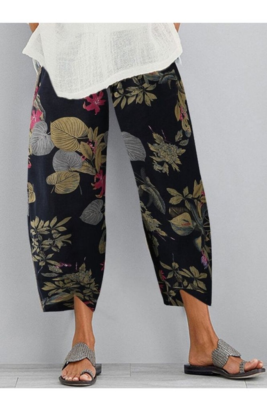 Vetements Azzlee | Vintage Imprime Floral Taille Elastique Decontractee Pantalon Marine