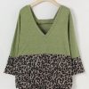 Vetements Azzlee Blouses Et Chemises | Leopard Patchwork Decontractee Ete Col En V Manches 3/4 Imprime Chemise Vert