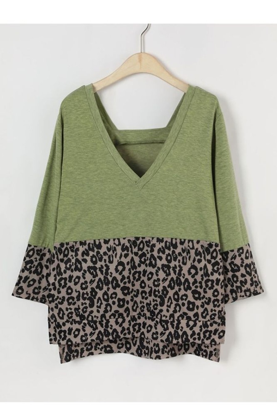 Vetements Azzlee Blouses Et Chemises | Leopard Patchwork Decontractee Ete Col En V Manches 3/4 Imprime Chemise Vert