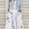 Vetements Azzlee Robes Mi-Longues | Robe Midi A Deux Pieces A Col En V Et Demi-Manches Imprime Floral Bleu