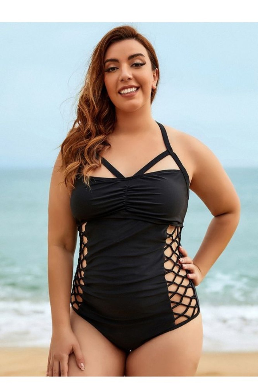 Vetements Azzlee Grande Taille | Maillot De Bain Une Piece A Encolure En V Decoupe En Maille Dos Nu Grande Taille Noir