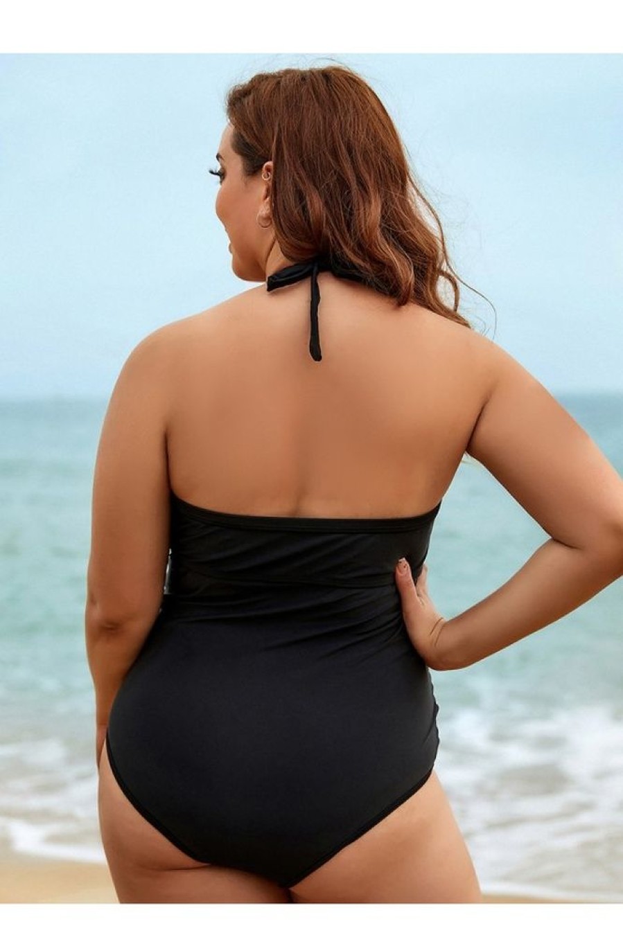 Vetements Azzlee Grande Taille | Maillot De Bain Une Piece A Encolure En V Decoupe En Maille Dos Nu Grande Taille Noir