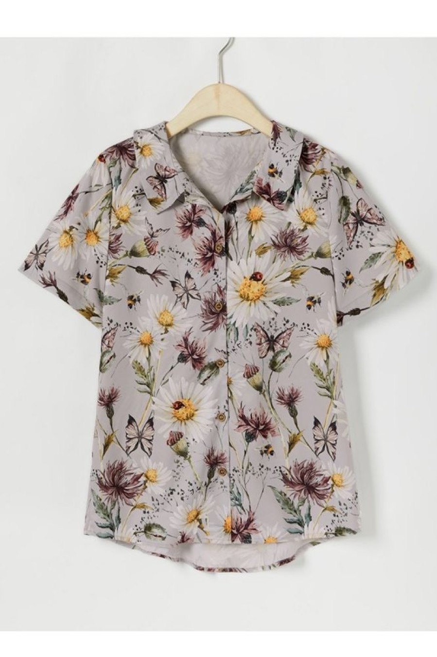 Vetements Azzlee Blouses Et Chemises | Gris Floral Boutons Collier Manches Courtes Chemise Grise