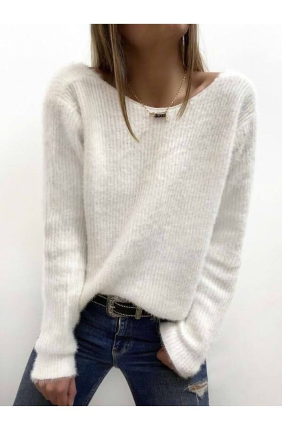 Vetements Azzlee Pulls Et Cardigans | Plaine Col Rond Manches Longues Chandail Blanc