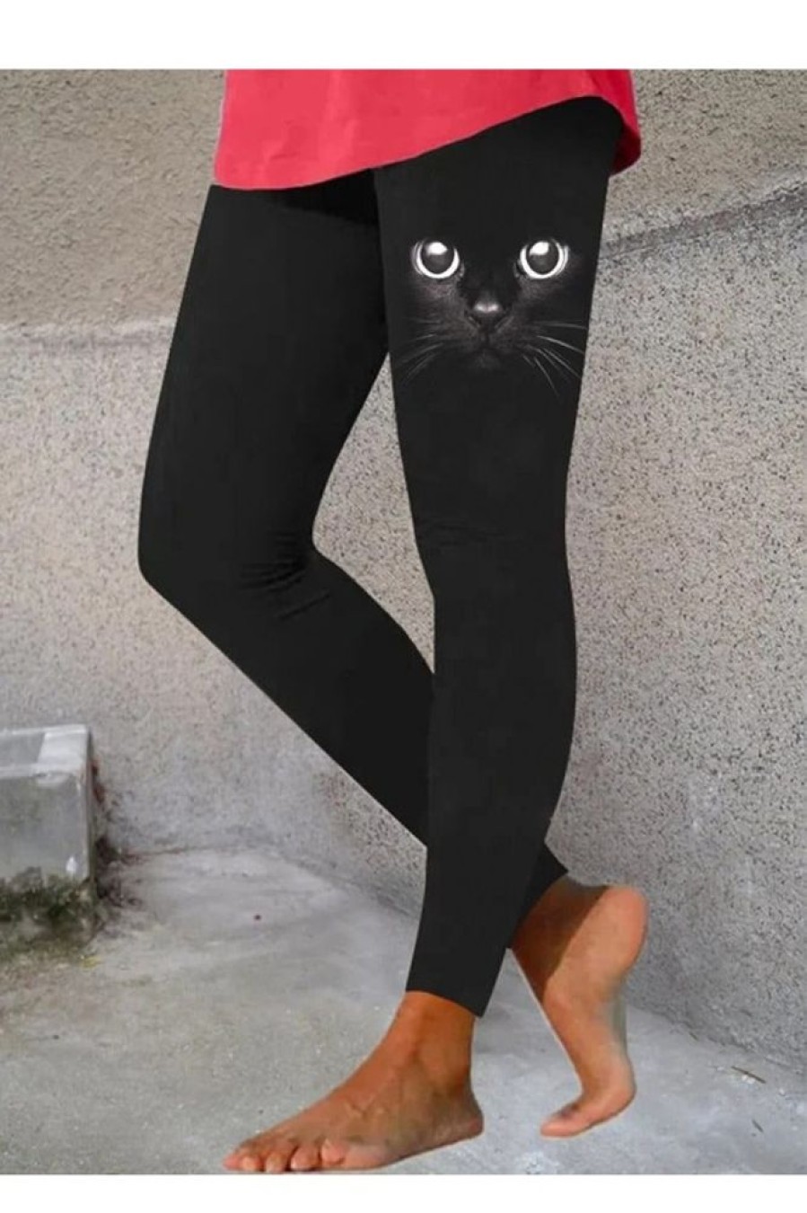 Vetements Azzlee Leggings | Leggings Decontractes Avec Impression Des Caracteristiques Faciales Mignonnes De Chat Noir