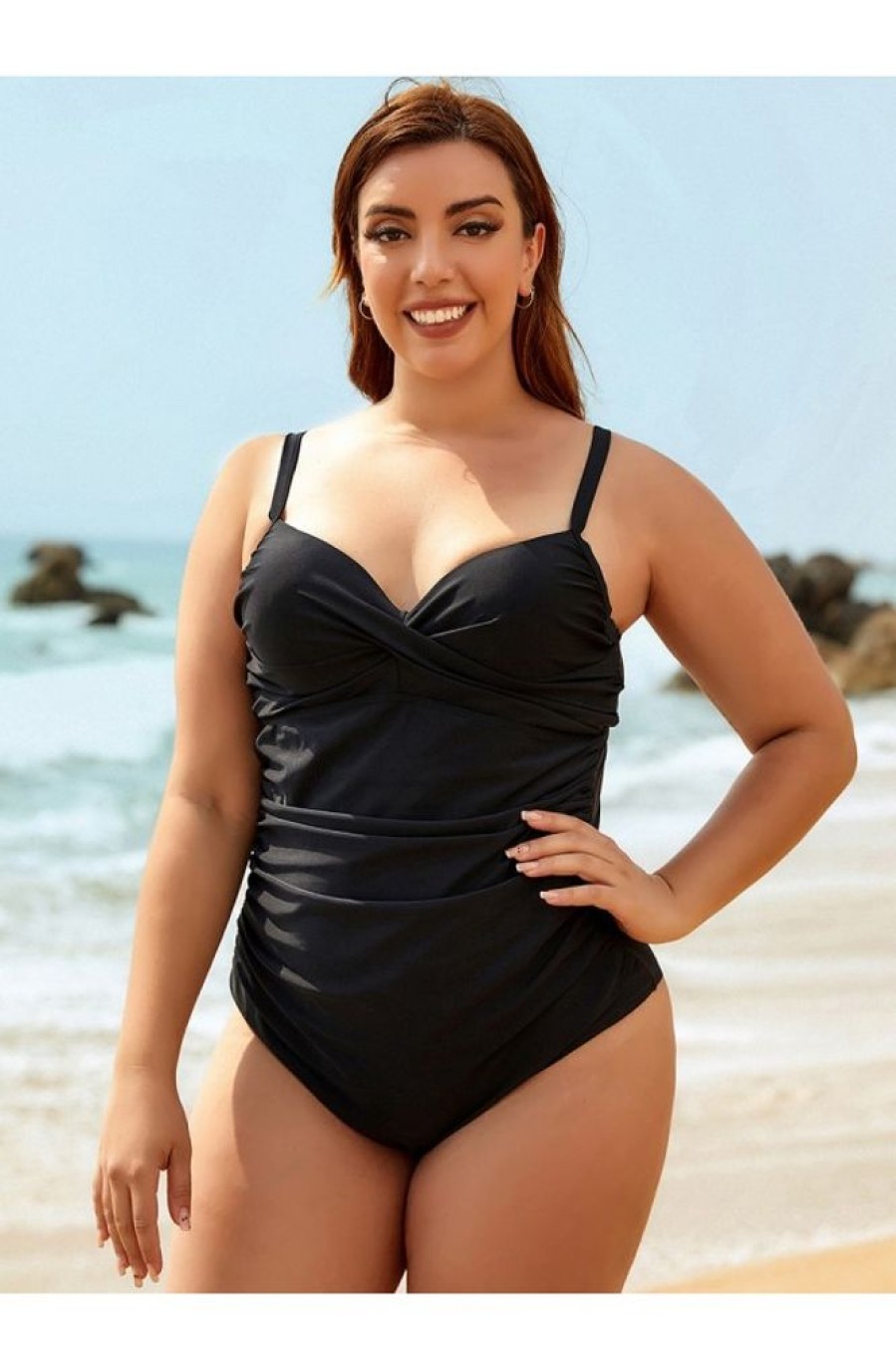 Vetements Azzlee Grande Taille | Maillot De Bain Une Piece Fronce Croise Grande Taille Avec Decollete En Coeur Noir