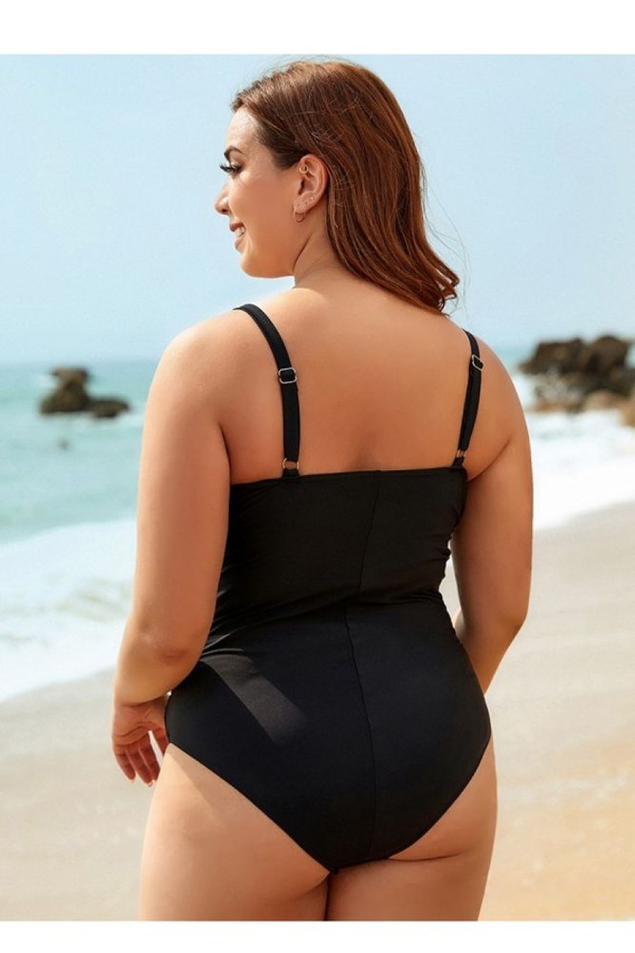 Vetements Azzlee Grande Taille | Maillot De Bain Une Piece Fronce Croise Grande Taille Avec Decollete En Coeur Noir