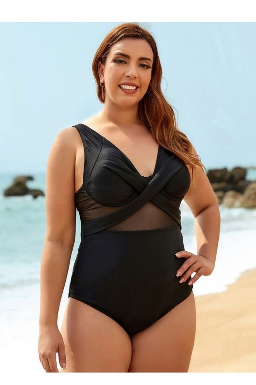 Vetements Azzlee Grande Taille | Maillot De Bain Une Piece En Maille A Col En V De Grande Taille Noir