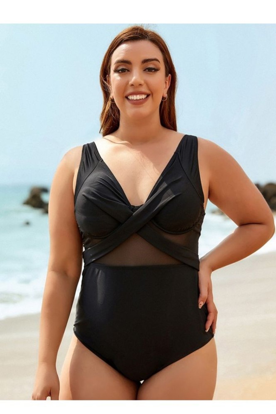 Vetements Azzlee Grande Taille | Maillot De Bain Une Piece En Maille A Col En V De Grande Taille Noir