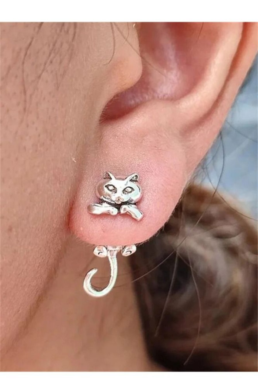 Accessoires Azzlee | Boucles D'Oreilles Clou Creatives Avec Impression De Chat Drole Argent