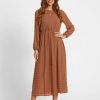 Vetements Azzlee | Marron Point Suisse Manches Longues Col Rond Modeste Robe Maxi Brun