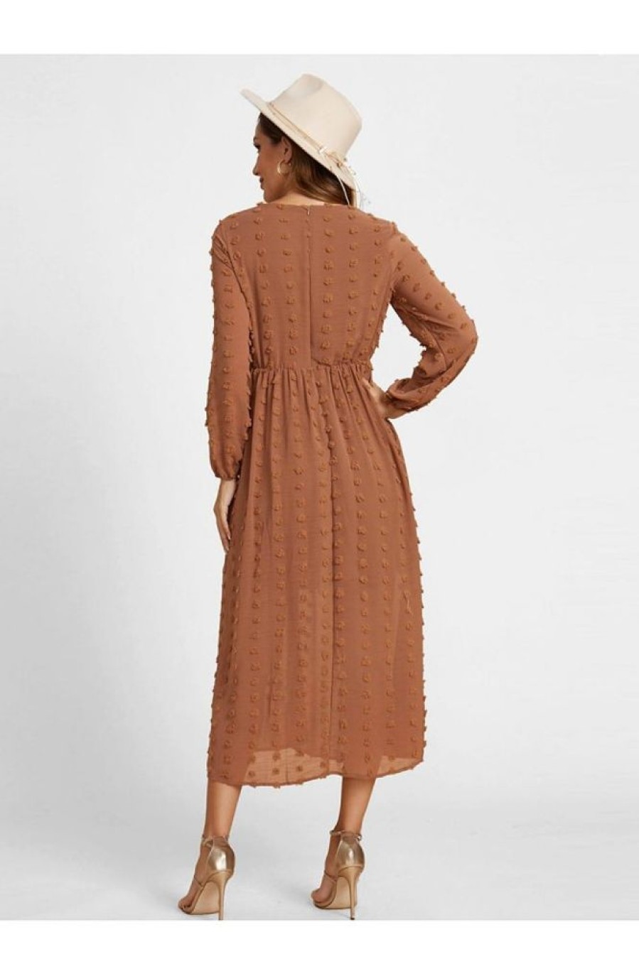 Vetements Azzlee | Marron Point Suisse Manches Longues Col Rond Modeste Robe Maxi Brun